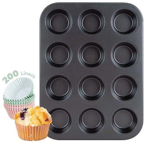CARTMAN Muffinform mit 12 Mulden + 200 Papierförmchen, Antihaft Muffinblech aus Karbonstahl, Backform für Muffins, Cupcakes, Brownies & mehr