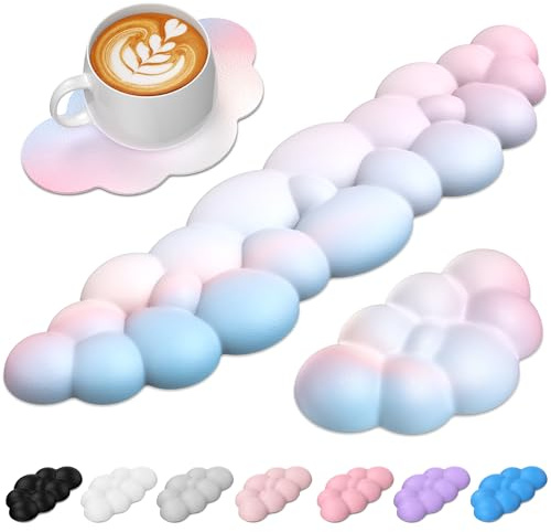 TECKNET Cloud - Reposamuñecas para teclado, ergonómico y suave con las muñecas, parte inferior antideslizante, espuma viscoelástica con piel sintética antifatiga, juego de reposamuñecas 3 en 1, para