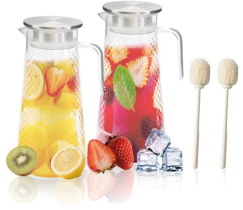 SITAKEGS 2Pack Kunststoffkrüge mit Deckel, 1,6 Liter Transparenter Saftkrug mit Griff Unzerbrechlicher Getränkewasserkrug, Wasserkrug für den Kühlschrank Eistee Sangria Limonade kalte oder heiße