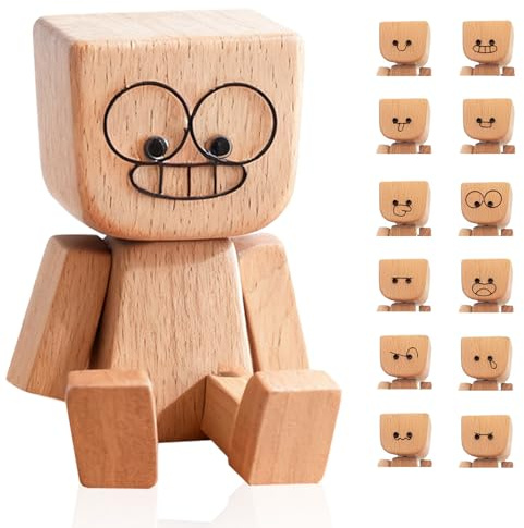 Swiftctrl Hombre de Madera Tambaleante Robot de Madera con 12 Expresiones Faciales Intercambiables - Figura Tambaleante Divertida para Decorar (Lazo)