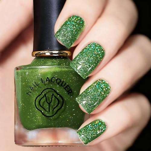 Emerald Glitter Nail Polish, Christmas Green Nail Varnish, Olive Green Holographic Diamond Sparkly Nail Art Polish, Quick Dry Long Lasting Gel Nail Paint Sequins for Women DIY Manicure at Home