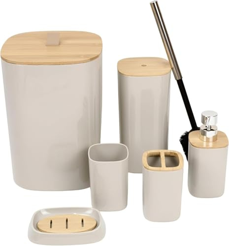 PRADICHI 6-Piece Luxury Bathroom Accessories Set – Soap Dispenser, Toothbrush Holder, Tumbler, Soap Dish, Trash Can & Toilet Brush – Stylish Bath Set Gift (Grey)