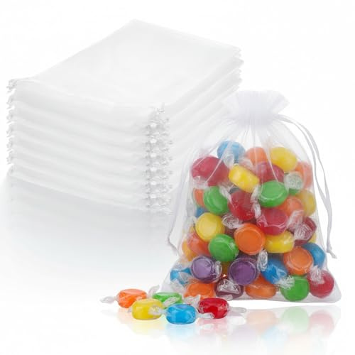 SHENLIU 50 Stück 13x18cm Organzabeutel, Transparent Geschenk Hochzeit Säckchen Weiß Organzasäckchen mit Kordelzu Für Weihnachten Gastgeschenk Hochzeit Taufe Geburtstag Party