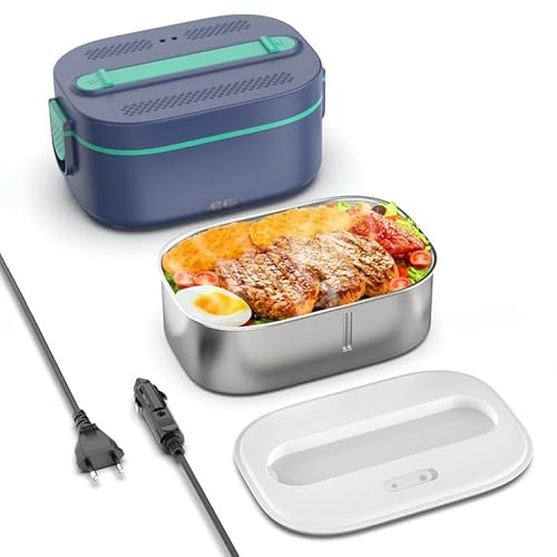 YEEFON Gamelle Chauffante, 80W Chauffage Rapide Lunch Box Chauffante 1,5L Chauffe Plat Voiture 3 en 1 220V 24V 12V, Acier Inoxydable, Facile à Nettoyer, Boite Chauffante Repas pour Voyage et Bureau