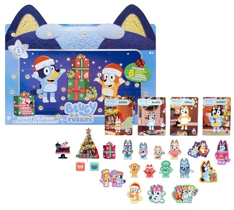 BLUEY Fuzzies Calendrier de l'Avent Lot de 8 mini figurines exclusives | Comprend 24 surprises quotidiennes avec des accessoires, des jetons, 4 cartes à collectionner et des autocollants animaux