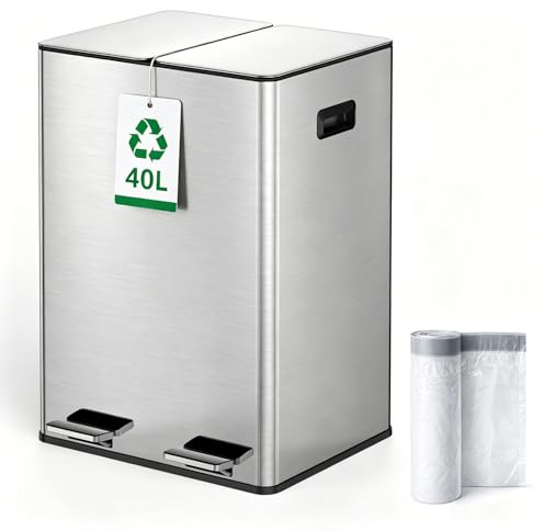 Kitchen Bin,40L Dual Rubbish Bin,2 x 20L Stainless Steel Pedal Bin,Double Bin Recycling with Soft-Close Lids and Plastic Inner Buckets,Fingerprint Proof,Odour Seal,Large Capacity, Stylish Silver 40.4