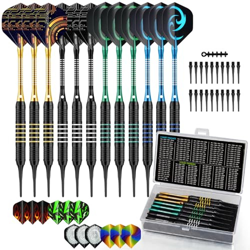HUANQU 12 Stück Softdarts Set 18g – Dartpfeile mit Kunststoffspitze für elektronische Dartscheibe, Flights and dartspitzen Kunststoff, Dart Tasche, Darts Zubehör Set, Dart Geschenke für Männer