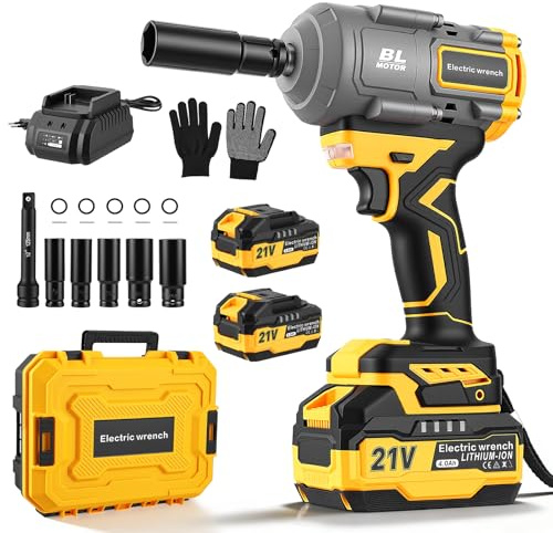 HIUYRFS 1200N.m Llave De Impacto con 8000mAh Baterías, 1/2 Pistola De Impacto Electrica para Coches Camiones,con 5Enchufes, Barra de extensión de 5,Atornillador de Impacto Giratorio Para Coche Tiers