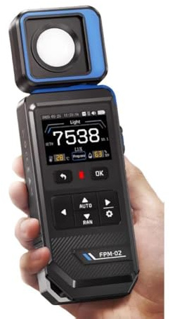 FPM-02 Luxmètre numérique LED 99900 Lux / 9280 FC avec écran couleur TFT de 2 et sonde rotative, pour les professionnels de l'éclairage, utilisation en intérieur