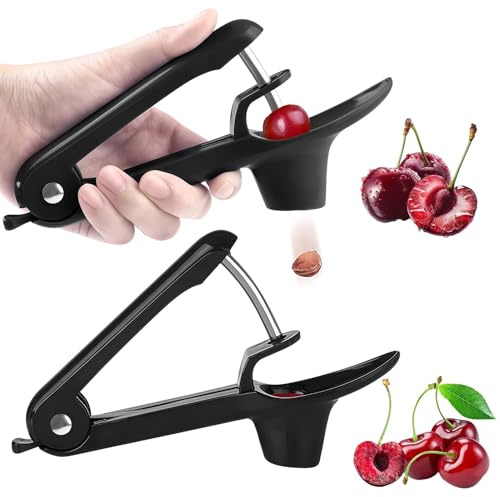 Cherry Pitter and Olive Pitter Tool, 2PCS Cherry Pitter and Olive Stoner Tool with Stainless Steel Rod, Manual Cherry Pip Removal Device for Cherries, Olives and Dates (Black)