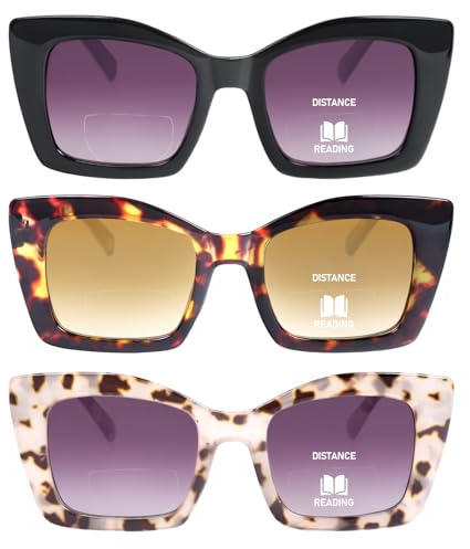 KoKoBin 3 Pack Occhiali da sole da Lettura da donna Oversized quadrati Occhiali da Lettura bifocali con cerniere a molla (Nero, Marrone leopardata, Grigia leopardata, 2.5, x)