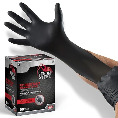 Venom Steel Premium Industrial Black Nitrile Gloves, One Size Fits Most, (Pack of 50)