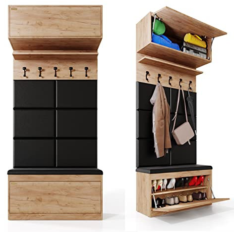 PLATAN ROOM Wand-Garderobe Set mit Garderobenpaneel & Schuhschrank & Hängeschrank 100 cm Flurgarderobe Garderobenset Flur Eiche Holz Weiß (4-TLG. mit 6 paneel, Eiche Gold)