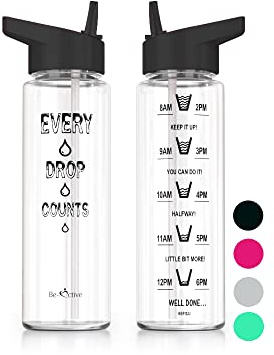 Be-Active Motivational Water Bottle with Straw – With Time Markings - Times to Drink – Tracker - BPA Free (Black)