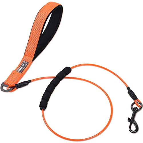 VIVAGLORY Hundeleine Edelstahl Toughbite Führleine Bissfest, 122cm, Orange | Welpenleine Hundeleine mit Doppelgriff & 2 Griffen für Hausleine Joggingleine, Kette Metall Edelstahl & Bissfest für Hunde