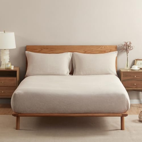 DAPU Spannbettlaken Leinen, 100% französischer Naturflachs Atmungsaktives 100×200+30cm Spannbetttuch mit Gummizug, Öko-Tex 100 Standard Bettlaken, Stonewashed Weiches Betttuch, Beige/Naturlein