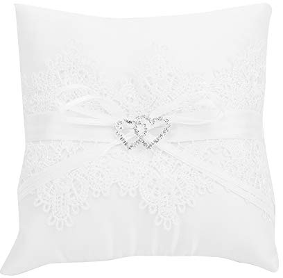 Cuscino porta anelli in raso avorio con cuore per matrimonio, cuscino per anelli, cuscino per anelli, adatto per feste di nozze, cuscino per fedi nuziali, cuscino per anelli di pizzo bianco perla