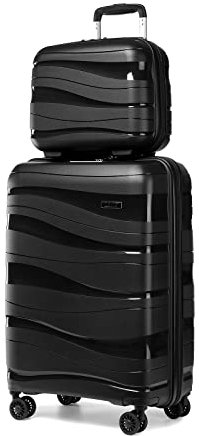 KONO Gepäckset 2-teilig Handgepäck Koffer Trolley 56cm + Kosmetikkoffer aus Polypropylen Hartschale, Koffer mit 4 Rollen und TSA Schloss (Schwarz)