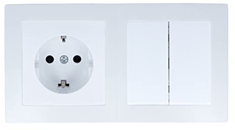 LINA Steckdose und Serienschalter 2 Fach VDE für Unterputz Schuko weiß mit Kunststoffrahmen H1-C51GM-C210M-C002 Komplettset Wandlichtschalter Doppelrahmen UP Kippschalter VDE-zertifiziert