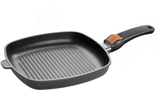 SKK viereckige Grillpfanne 26x26 cm - induktionsgeeignet - flache eckige Antihaft Steakpfanne gerippter Boden & abnehmbarer Griff - Made in Germany