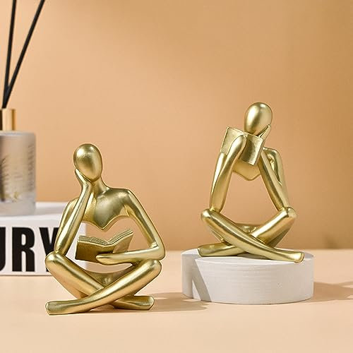 SIETIOJI 2 Stücke Wohnkultur Gold Lesen Denker Statue Moderne Figuren Abstrakte Ästhetische Skulptur Denker Harz Statue Set für Heimdekoration Wohnzimmer Büro Bücherregal Regal Tisch
