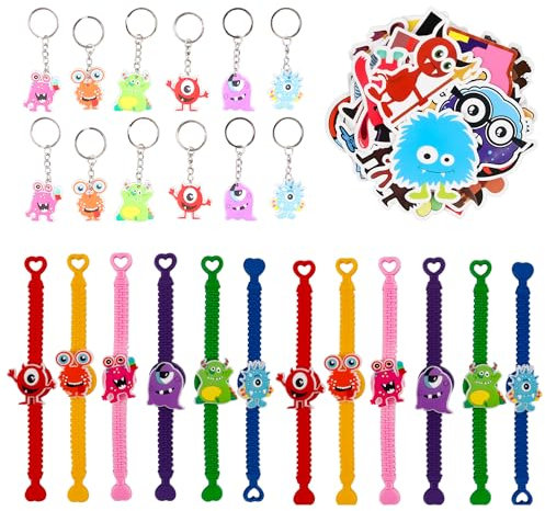 Monster Theme Party Geschenke, Geburtstags Party Mitgebsel, Aufkleber Monster Stickers, Monster Silikonarmband, Schlüsselanhänger, Kindergeburtstag Geschenke Set, für Jungen Mädchen Gast Geschenk