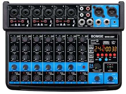 BOMGE 8 channel mini audio mixer Line Mixer ，DC 5V，with MP3 Player,Bluetooth, U disk 48V,24DSP effects, USB recording Ideal for Small Clubs or Bars, Studio Recording (8 channels-BLACK)