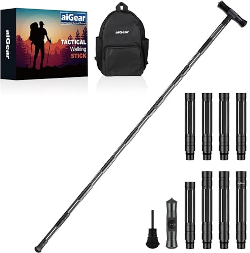 aiGear Tactical Stick 8 Tubes Black Aluminum with 3 Hiking Equipment Tools
