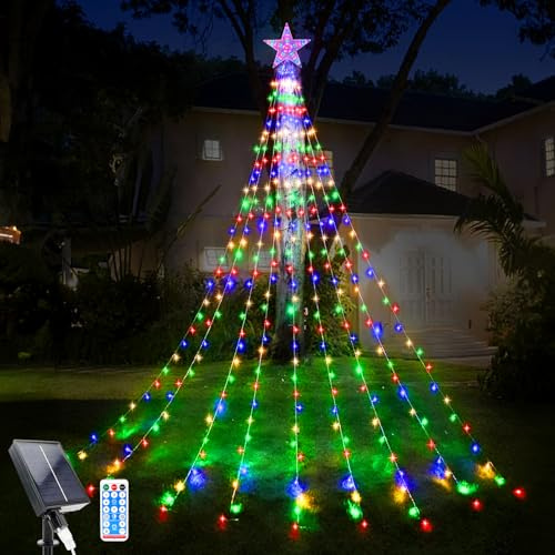 WoskjXas Luces de cascada para árbol de Navidad, 2 m x 9 líneas, tira de luces solares con estrella superior y control remoto, 198 luces LED impermeables con 8 modos de iluminación para decoración de