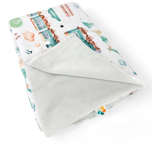 PLUMERI kleine Babydecke Minky 50x75 cm, Lokomotive – Babyschalen- & Kinderwagendecke, 100% Baumwolle und weicher Minky-Plüsch, Oeko-TEX Zertifiziert, Geschenk zur Geburt