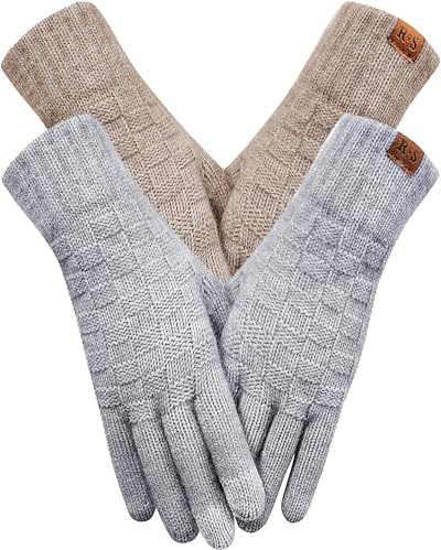 REACH STAR Winter Gloves for Women and Men Touch Screen Elastic Thermal Knit Lining Warm Gloves for Cold Weather，Running,Driving (Khaki+Light Gray, One Size)