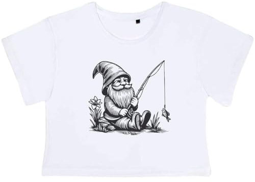 Azeeda Medium 'Garden Gnome with Fishing Rod' Adult's Cotton Crop Top (CO00132478) White