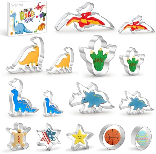Große Ausstechformen aus Edelstahl Dinosaurier 15-Teiliges Set: Tyrannosaurus (T-Rex), Brontosaurus, Triceratops, Pterodactylus, Dinosaurier-Fußabdruck und mehr Ausstechformen