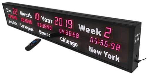 Orologio da parete su misura con ora mondiale, mondo digitale con fusi orari di 5 città con telecomando, formato dinamico 24 ore e luminosità regolabile su 3 livelli, distanza di visione di 15-20 m e