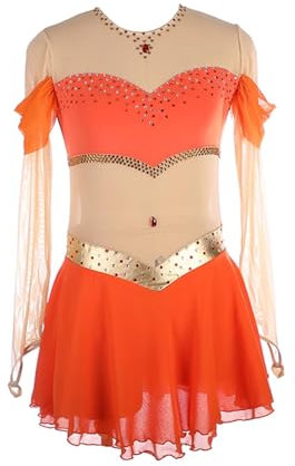 Kmarouse Mit Strasssteinen verziertes Eiskunstlaufkleid for Mädchen, atmungsaktives Wettkampf-Eiskunstlauf- und Tanz-Outfit(Orange,XXXS)