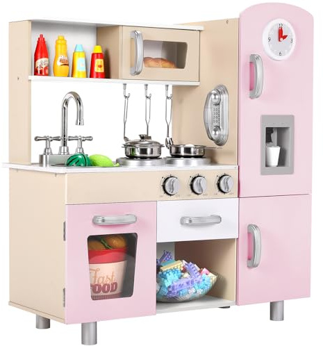 MAMIZOCucina Giocattolo per Bambini, Cucina Legno con Effetti Simulati di Luce e Suono, Dotata di Accessori da Cucina, Cucina per Bambini in Legno 81x74x30 cm, Rosa