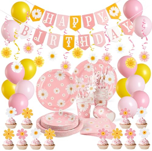 SUNBEAUTY 116 Stück Gänseblümchen Partygeschirr Set,Weiße Gänseblümchen Blumen Geburtstag Party Dekorationen einschließlich Papier Teller Pappbecher Servietten Luftballons für Kinder Geburtstag Party