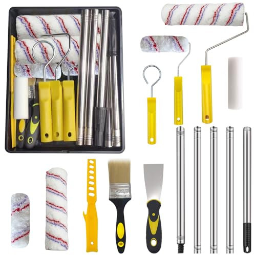 HpCuales Juego de 13 rodillos de pintura, rodillos de pintura y bandeja con poste de extensión, incluye una bandeja de pintura, cepillo, rodillos y mangas grandes y mini, mezclador de pintura,
