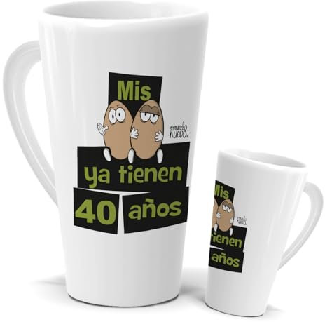 Tazas Únicas | Taza Cónica Gigante de medio litro | Mis Huevos ya tiene 40 años | Sorpresa de 40 Cumpleaños | Mensaje Gracioso | Tazas de Café, Té o Infusiones | Tazas Hombre Feliz Cumpleaños