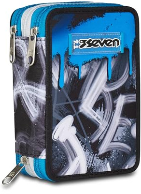 Seven Astuccio Scuola 3 Zip, Grigio Azzurro, Portapenne Triplo Scomparto Completo Di Penne, Matite, Colori, Accessori Zaino, Scuola Elementare, Bambino