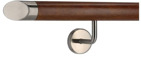TIBU Corrimano in alluminio mogano, decorazione in legno di mogano, 30-600 cm, corrimano in acciaio inox, lunghezza 200 cm, con 3 supporti e terminale obliquo