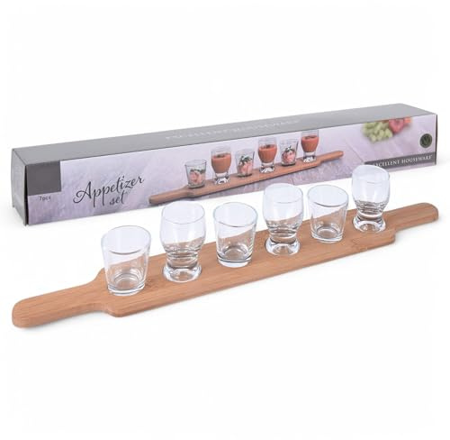 MIJOMA 7 Piece Serving Set - Long Bamboo Wood Board with 6 Serving Glasses - Perfect for Tapas, Dips, Desserts & Shots - Stylish Table Decoration