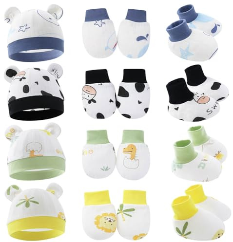 Besforta 4-Pack Preemie Hüte Handschuhe und Socken Set Weiche Baumwolle Warme Bär Ohr Preemie Beanie, Neugeborene Krankenhaus Hut für Baby Jungen Mädchen