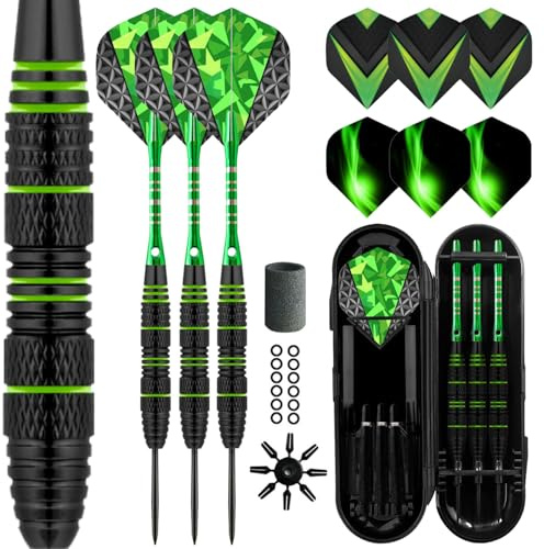 LavishioProfessional Set med stålspetspilar, 3 aluminiumpilaxlar, stålspets, dartset, professionella dartset med stålspetsuppsättning + extra 3 pilflygningar, 3, ersätter plastskaft (grön)