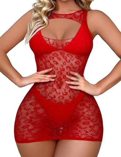 Yishark Bodysuit Fishnet Dress Mesh Lingerie Sets Sexy Outfits Women UK Naughty Nightwear Bodystocking See Through Hollow Out Babydoll Nightdress Costumes for Stripper Clubbing Bedroom Red