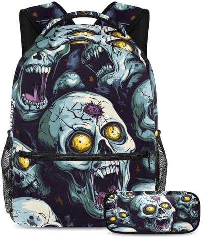 VAPOKF Ensemble cartable motif crânes globes oculaires jaunes effrayants pour adolescentes, filles, garçons, enfants, sac à dos avec trousse à crayons pour école primaire, secondaire, junior lycée