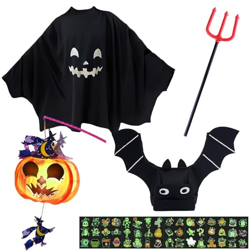 5 Pezzi Costume Fantasma Bambino, Articoli Halloween Bambino Costume, Mantello Fantasma Bambini, costume Fantasma Contenente Forchettas del Diavolo Zucca Lanterna, Adatto Halloween Carnevale Cosplay