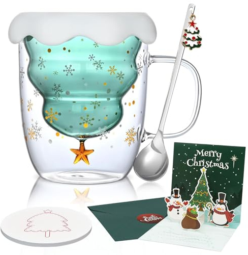 Forbabe Doppelwandige Kaffeegläser 300ml, Weihnachtsbaum Weihnachtstasse | Süße Weihnachtstassen Geschenkset mit Deckel Löffel Untersetzer Karte Thermogläser mit Henkel für Cappuccino Latte Tee Milch