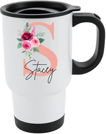 Personalised Travel Mug Initial Custom Name Insulated Coffee Cup Reusable Thermal Tumbler for Hot & Cold Drinks Unique Gift for Him Her | Office Commute Mug for Birthday Christmas - White