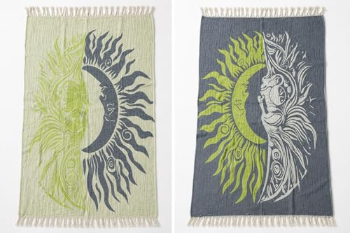 Turkish Muslin Peshtemal Double-Sided Cotton Hammam Towel, Coral with Sun and Moon Pattern, 3-Layer Jacquard Weave, Lightweight Quick-Dry for Bath, Beach, Sofa (green-white)